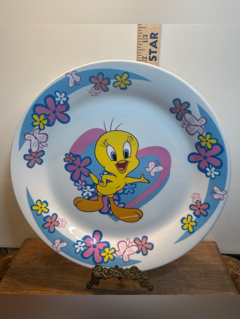 2 Plates - Gibson Tweety Bird Floral Heart Plates - Yellow, Pink, Blue